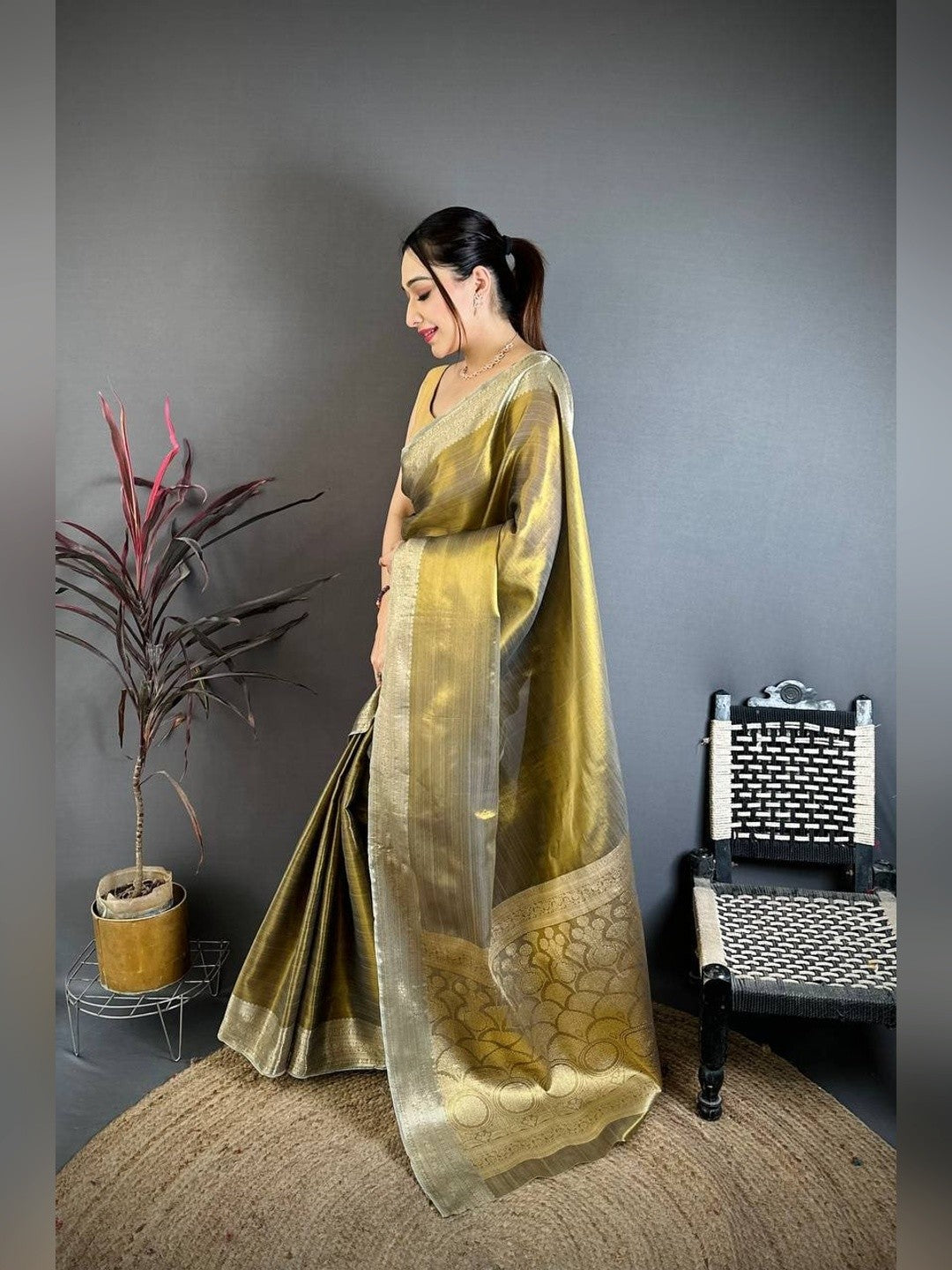 Peachmode Olive Banarasi Tissue Silk Zari Saree - Image 5