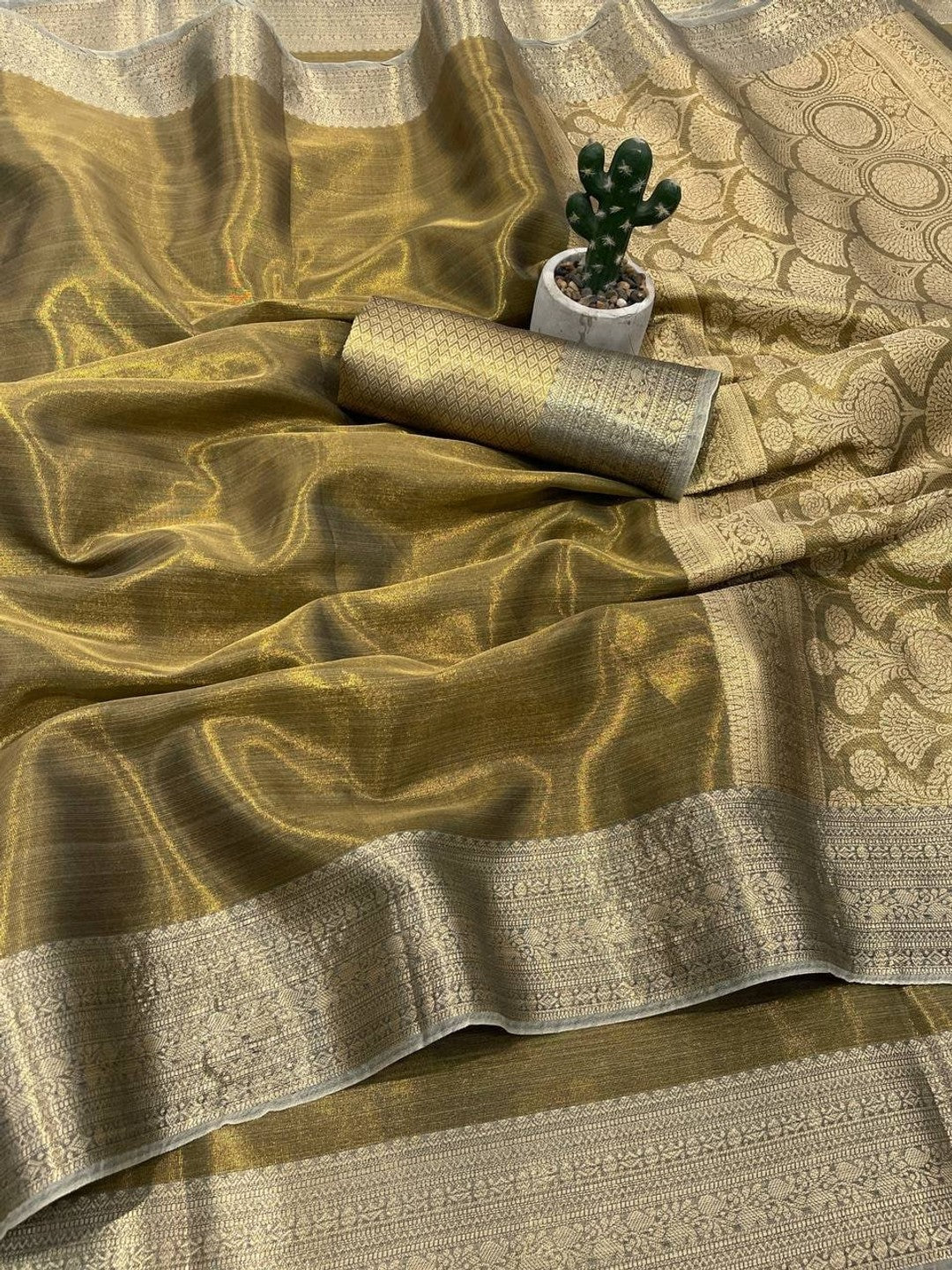 Peachmode Olive Banarasi Tissue Silk Zari Saree - Image 2
