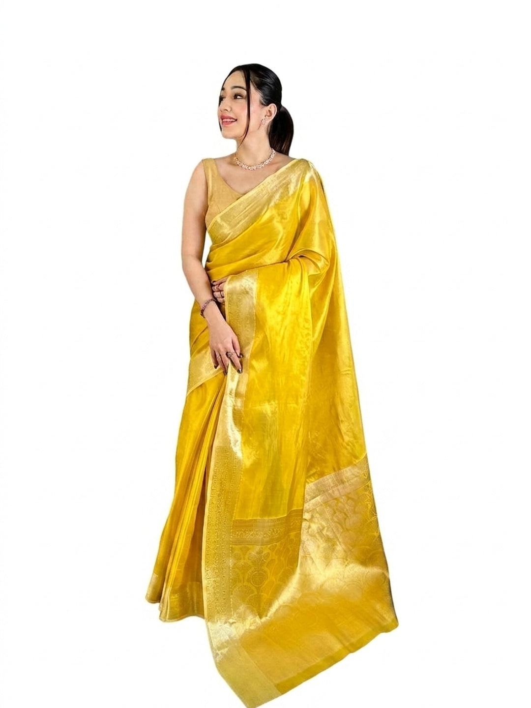 Peachmode Yellow Banarasi Tissue Silk Zari Saree - Image 6