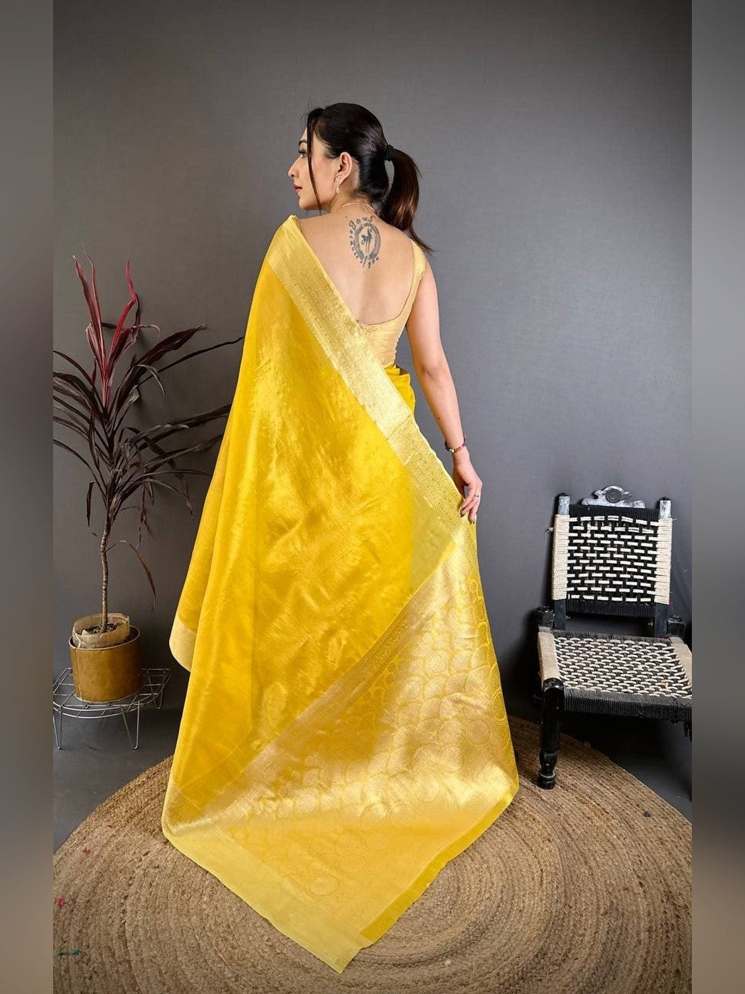 Peachmode Yellow Banarasi Tissue Silk Zari Saree - Image 5