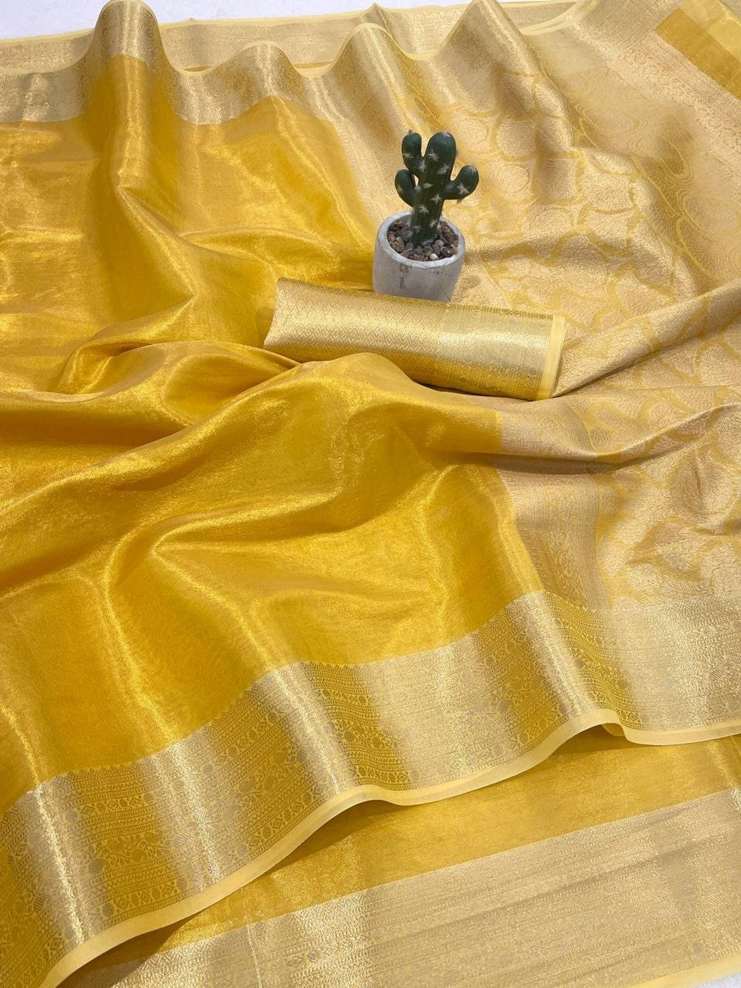 Peachmode Yellow Banarasi Tissue Silk Zari Saree - Image 2