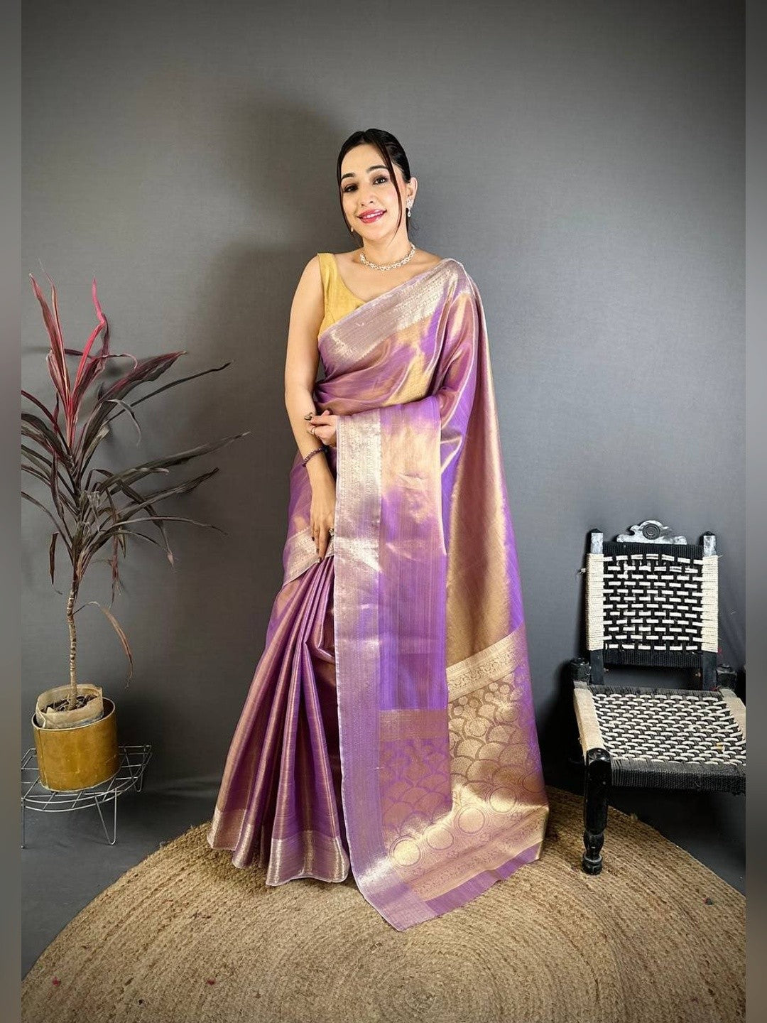 Peachmode Lavender Banarasi Tissue Silk Zari Saree - Image 1