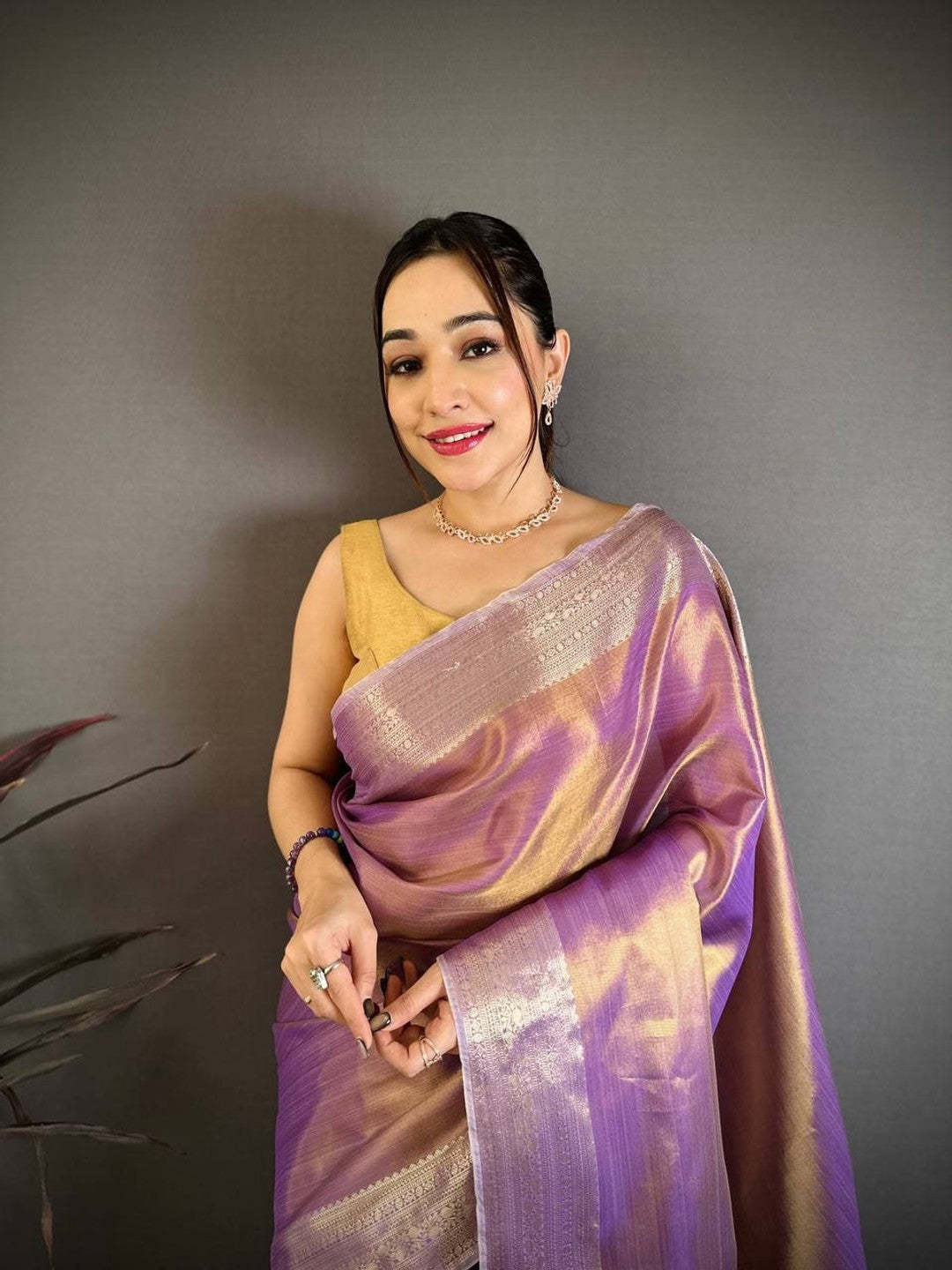Peachmode Lavender Banarasi Tissue Silk Zari Saree - Image 4