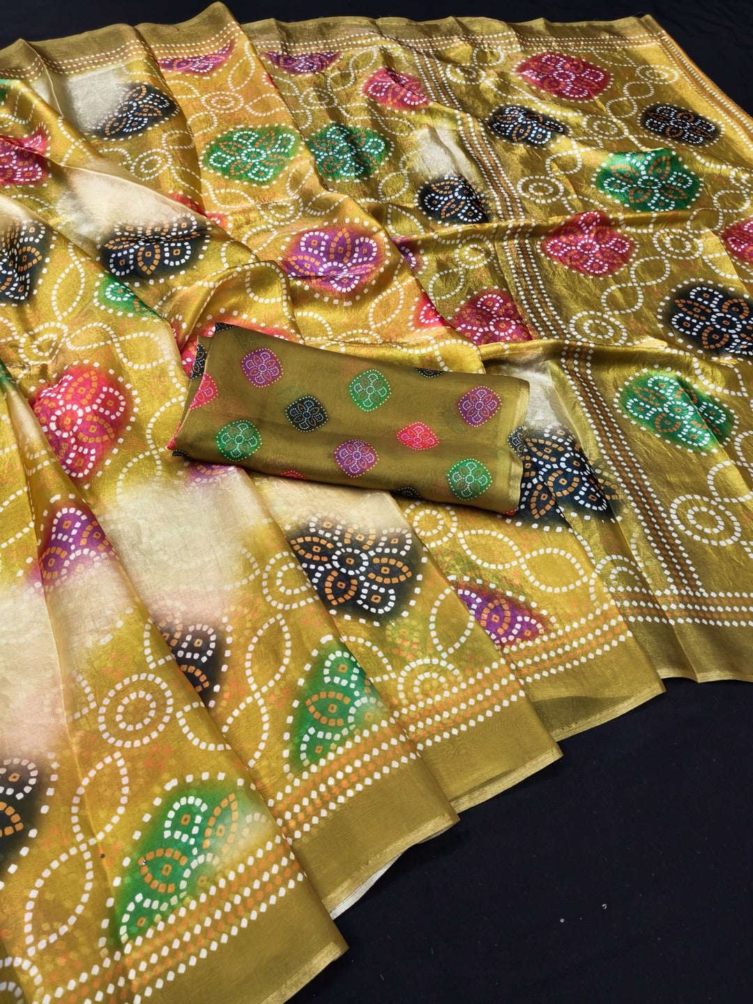 Peachmode Mustard Fendi Printed Satin Saree - Image 2