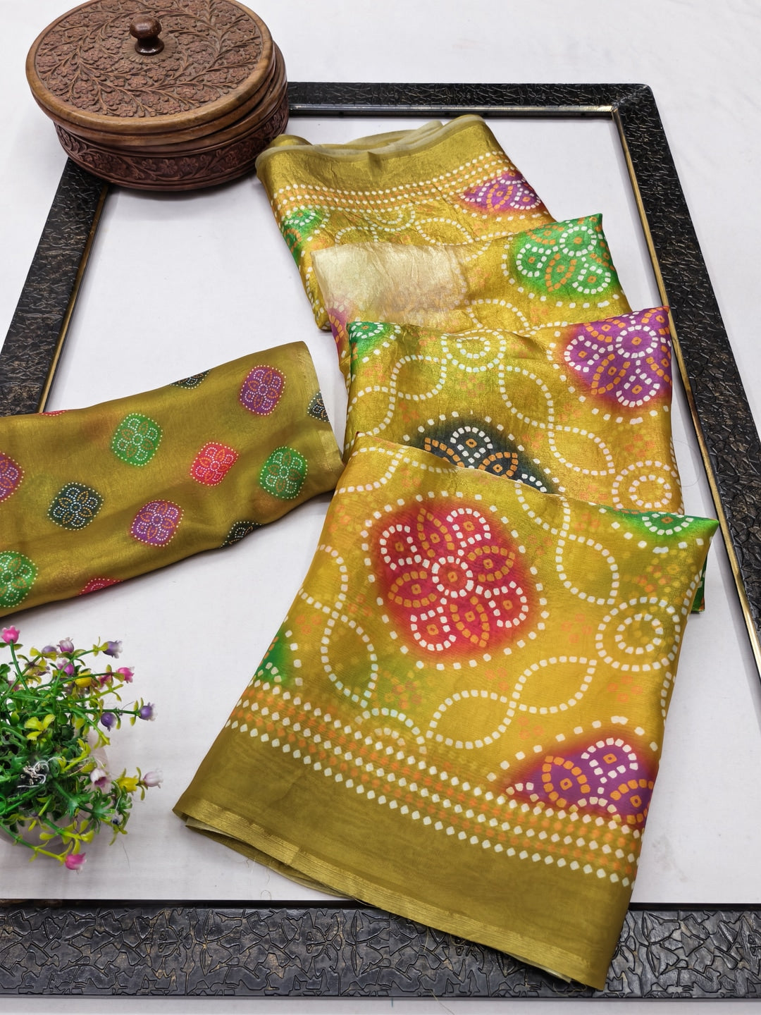 Peachmode Mustard Fendi Printed Satin Saree - Image 3