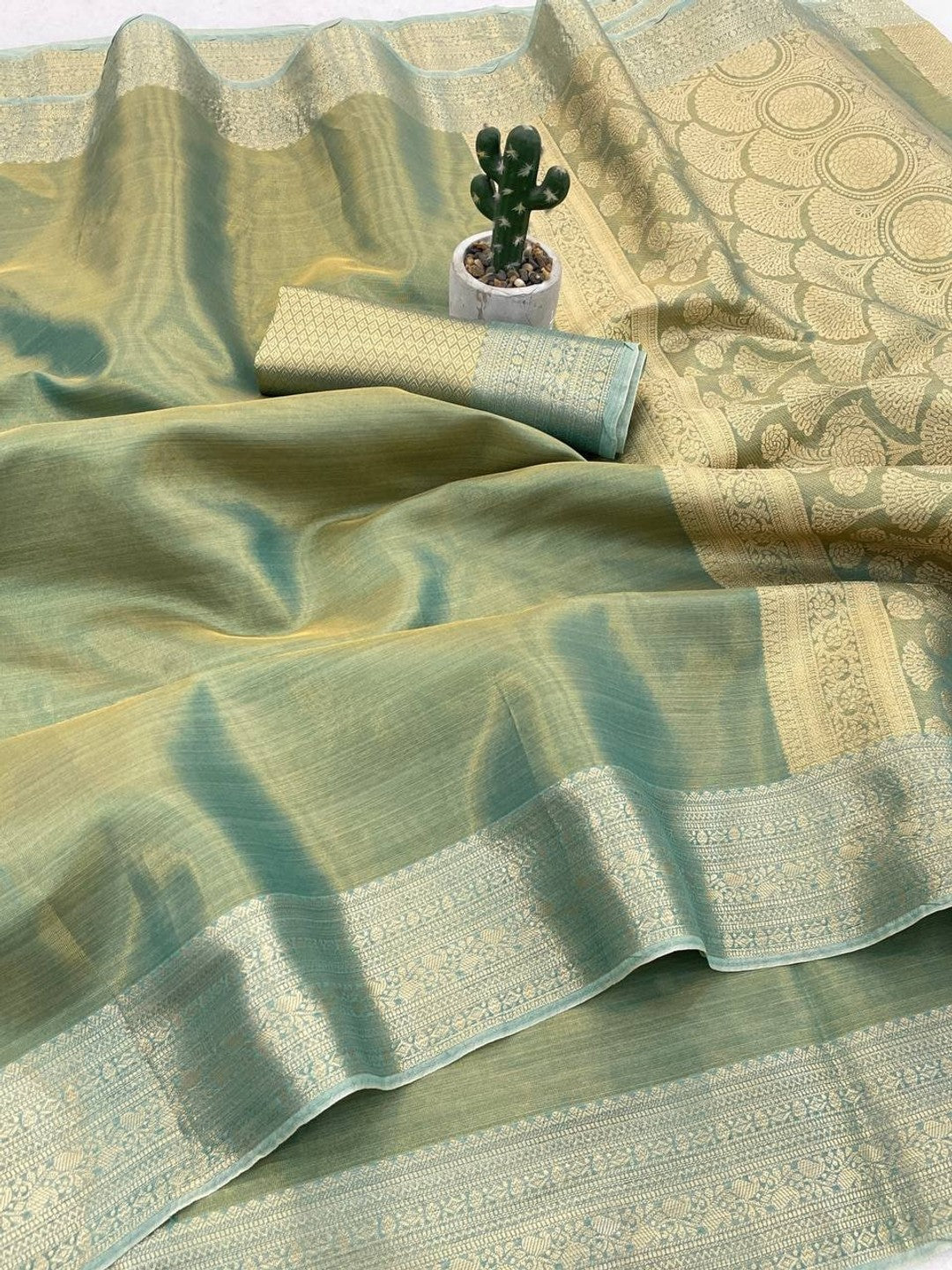 Peachmode Sea Green Banarasi Tissue Silk Zari Saree - Image 2