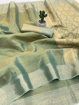 Peachmode Sea Green Banarasi Tissue Silk Zari Saree - Image 2