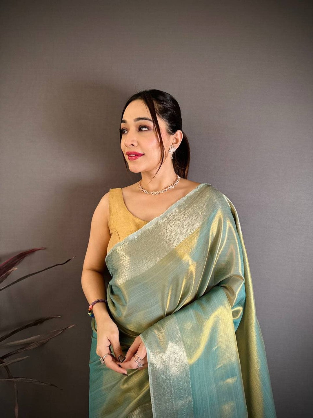 Peachmode Sea Green Banarasi Tissue Silk Zari Saree - Image 5