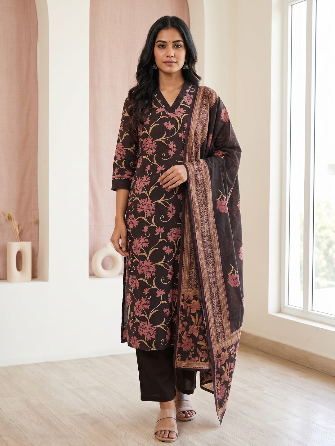 Brown Cotton Floral Printed Salwar Suit Set - Image 2