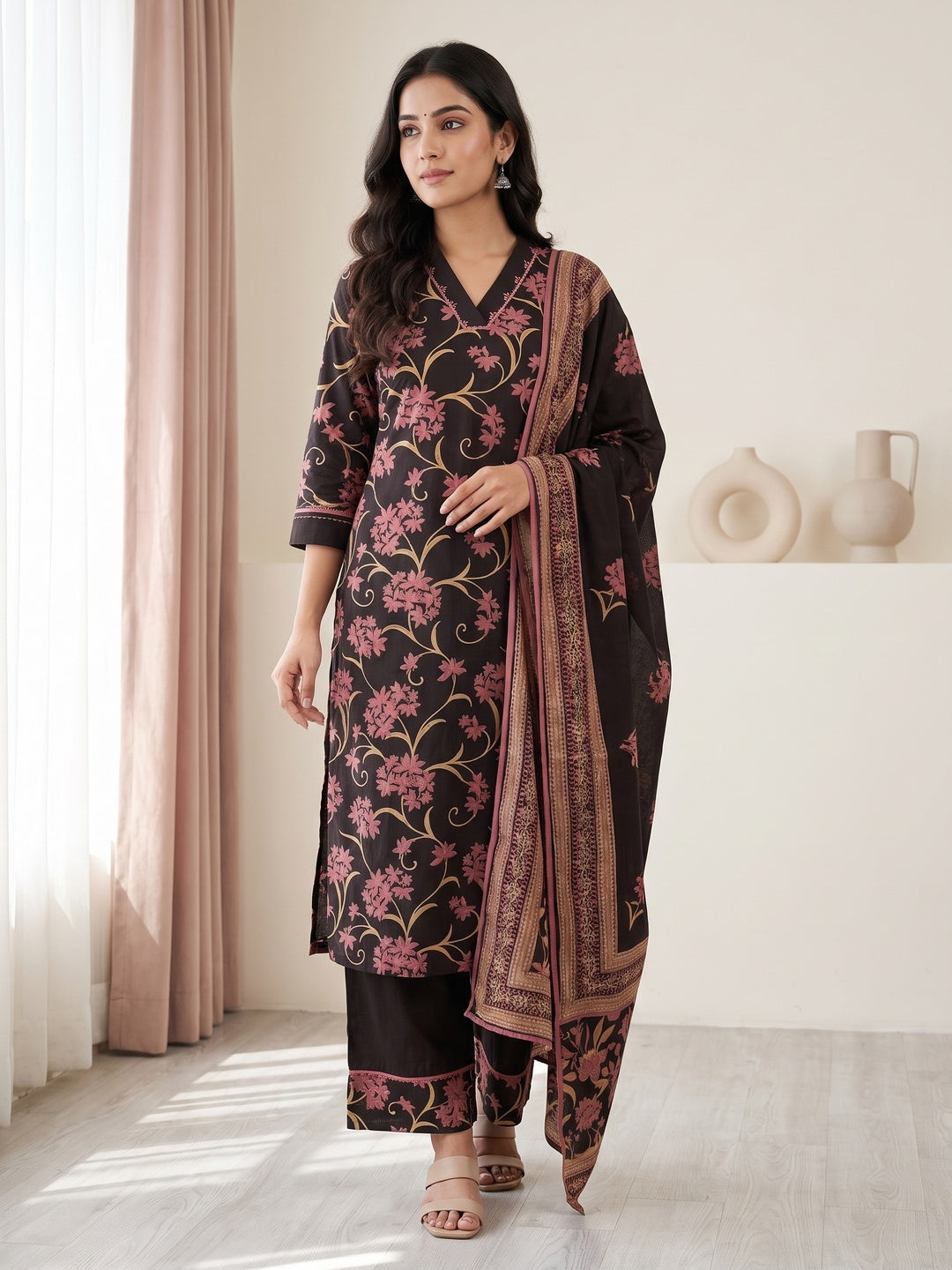 Brown Cotton Floral Printed Salwar Suit Set - Image 1