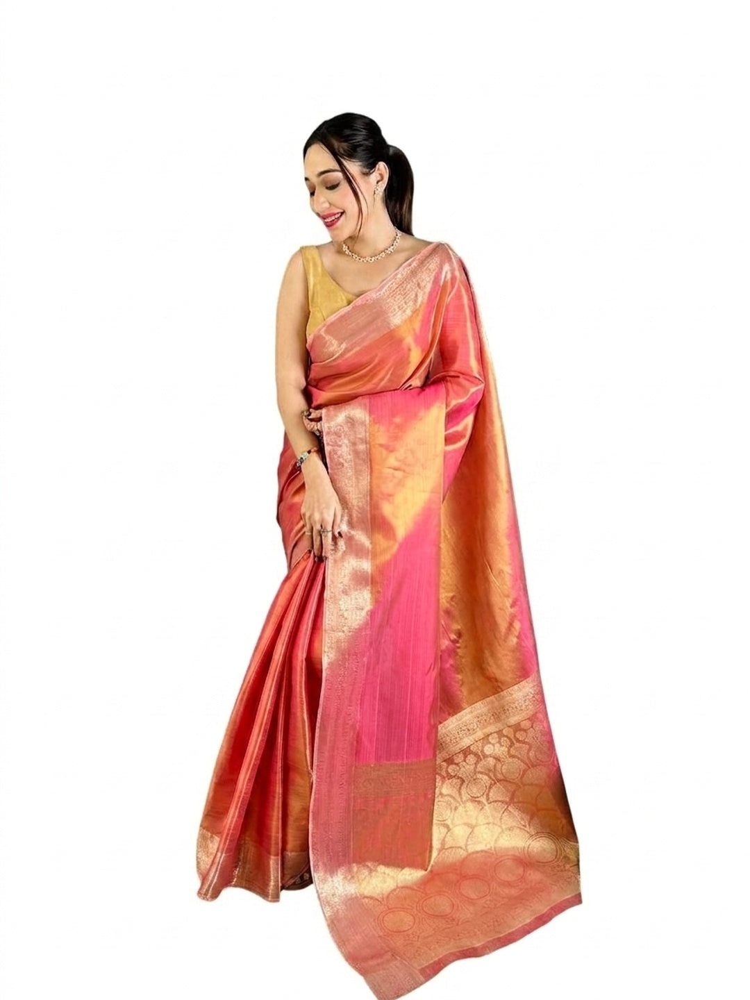 Peachmode Peach Banarasi Tissue Silk Zari Saree - Image 6