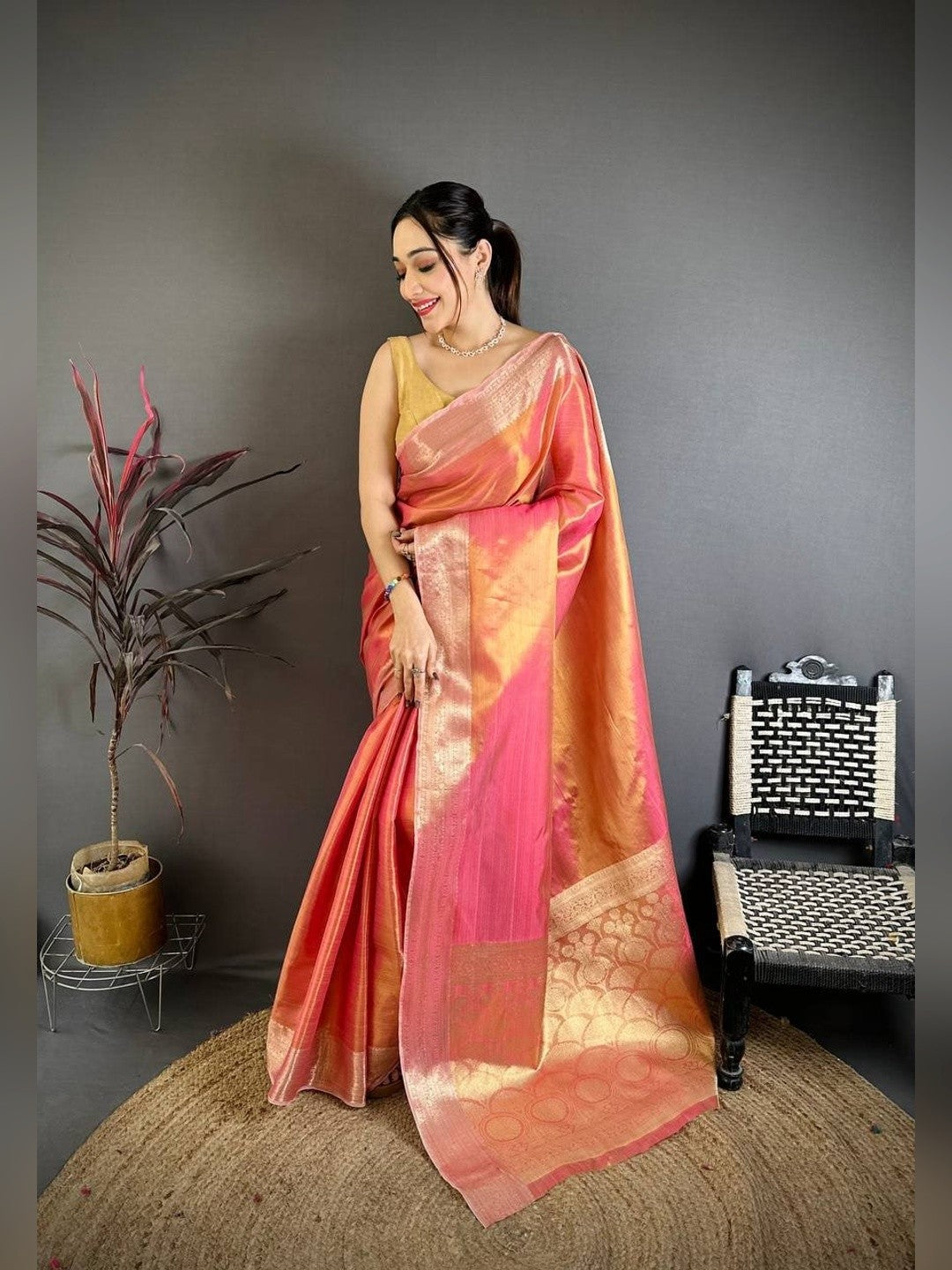 Peachmode Peach Banarasi Tissue Silk Zari Saree - Image 1