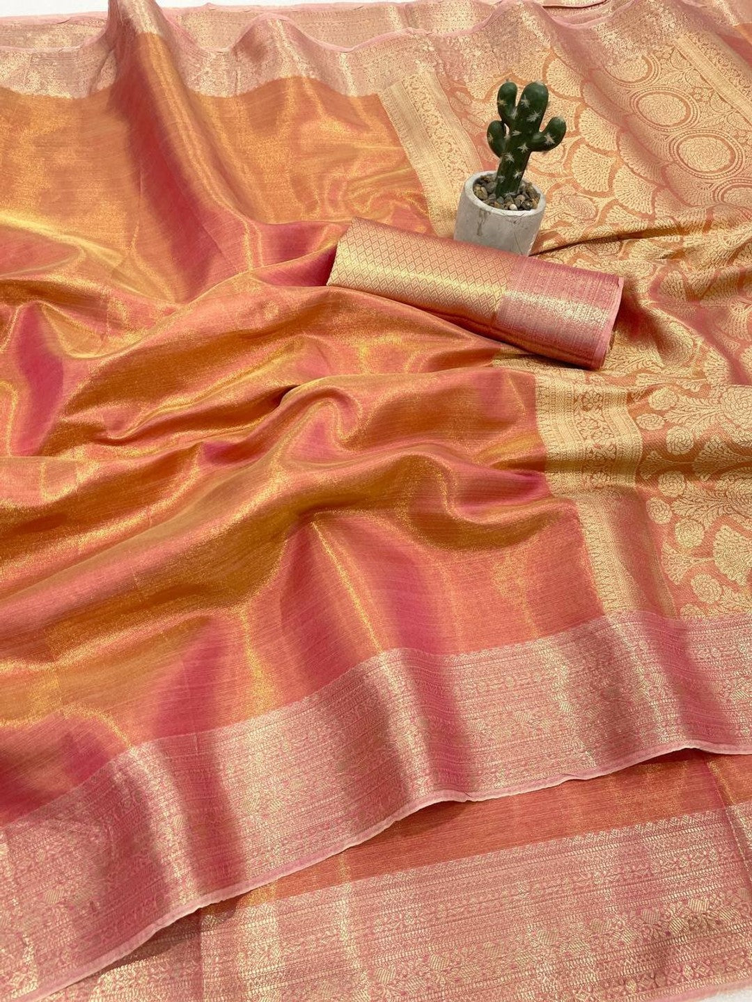 Peachmode Peach Banarasi Tissue Silk Zari Saree - Image 2