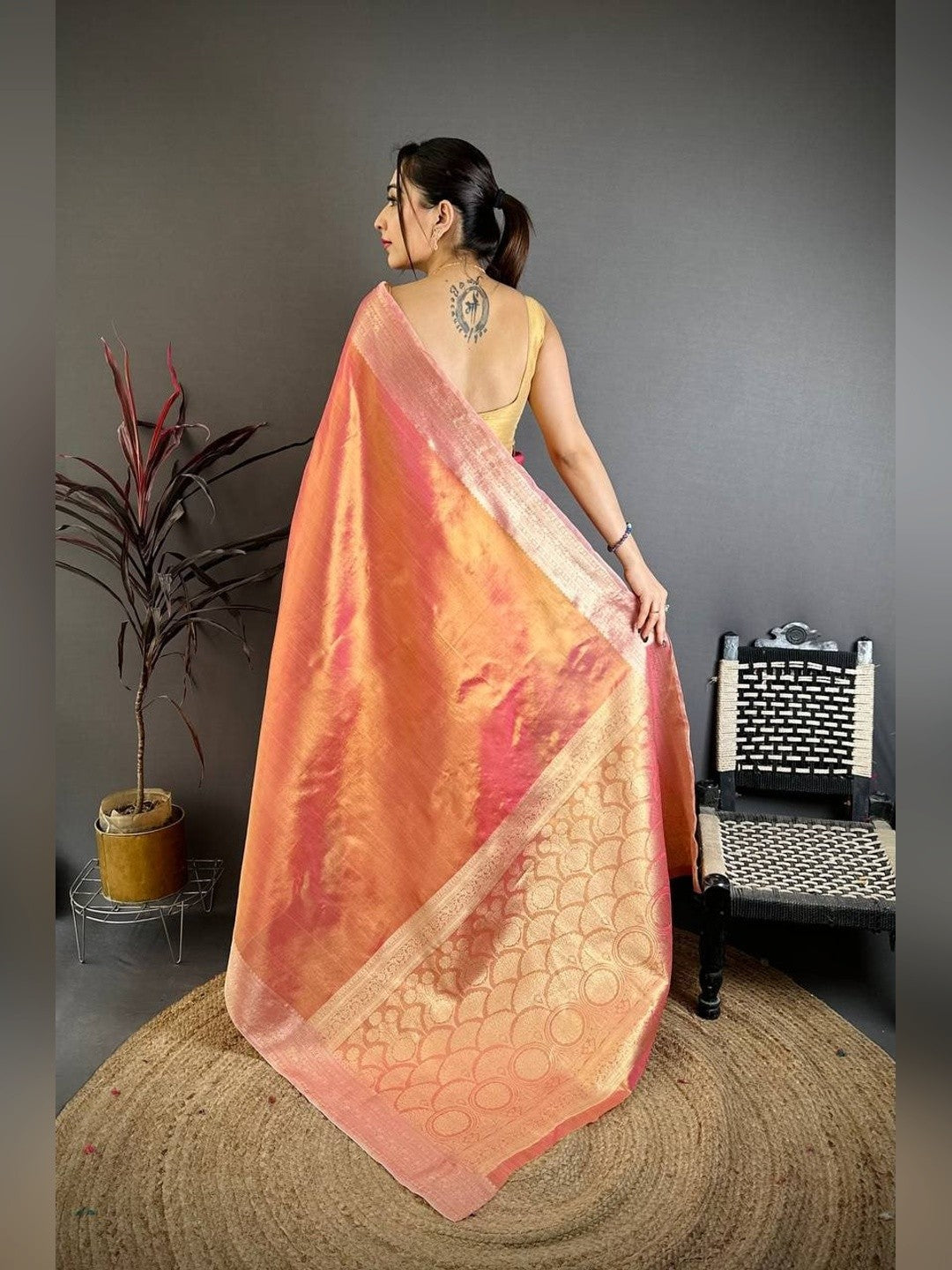 Peachmode Peach Banarasi Tissue Silk Zari Saree - Image 5
