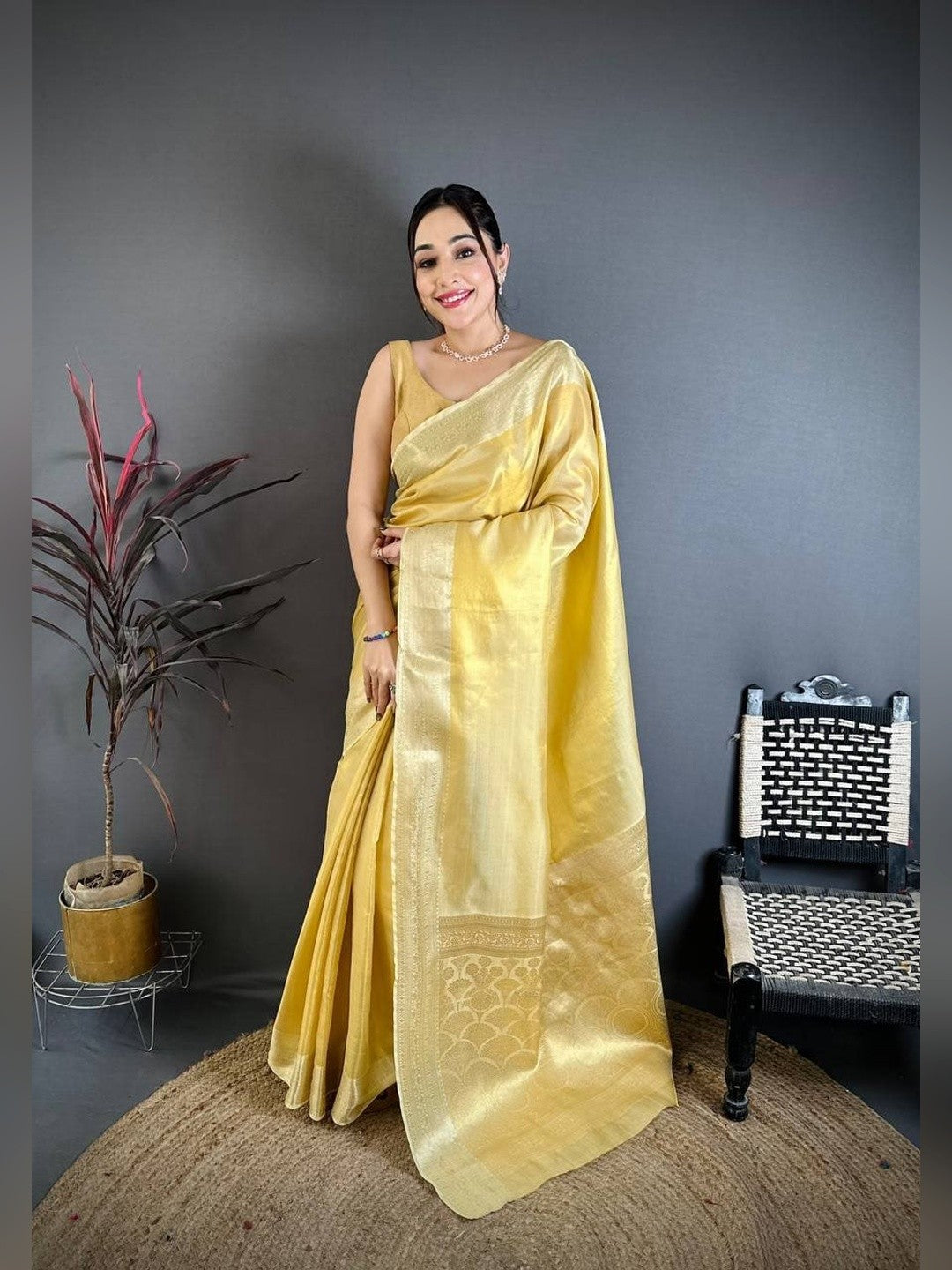 Peachmode Cream Banarasi Tissue Silk Zari Saree - Image 1