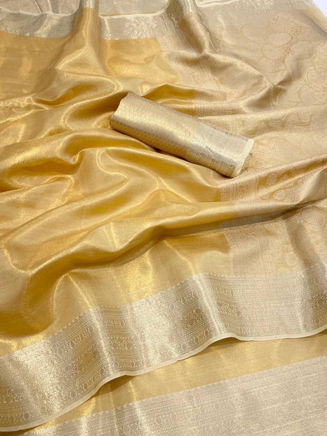 Peachmode Cream Banarasi Tissue Silk Zari Saree - Image 2