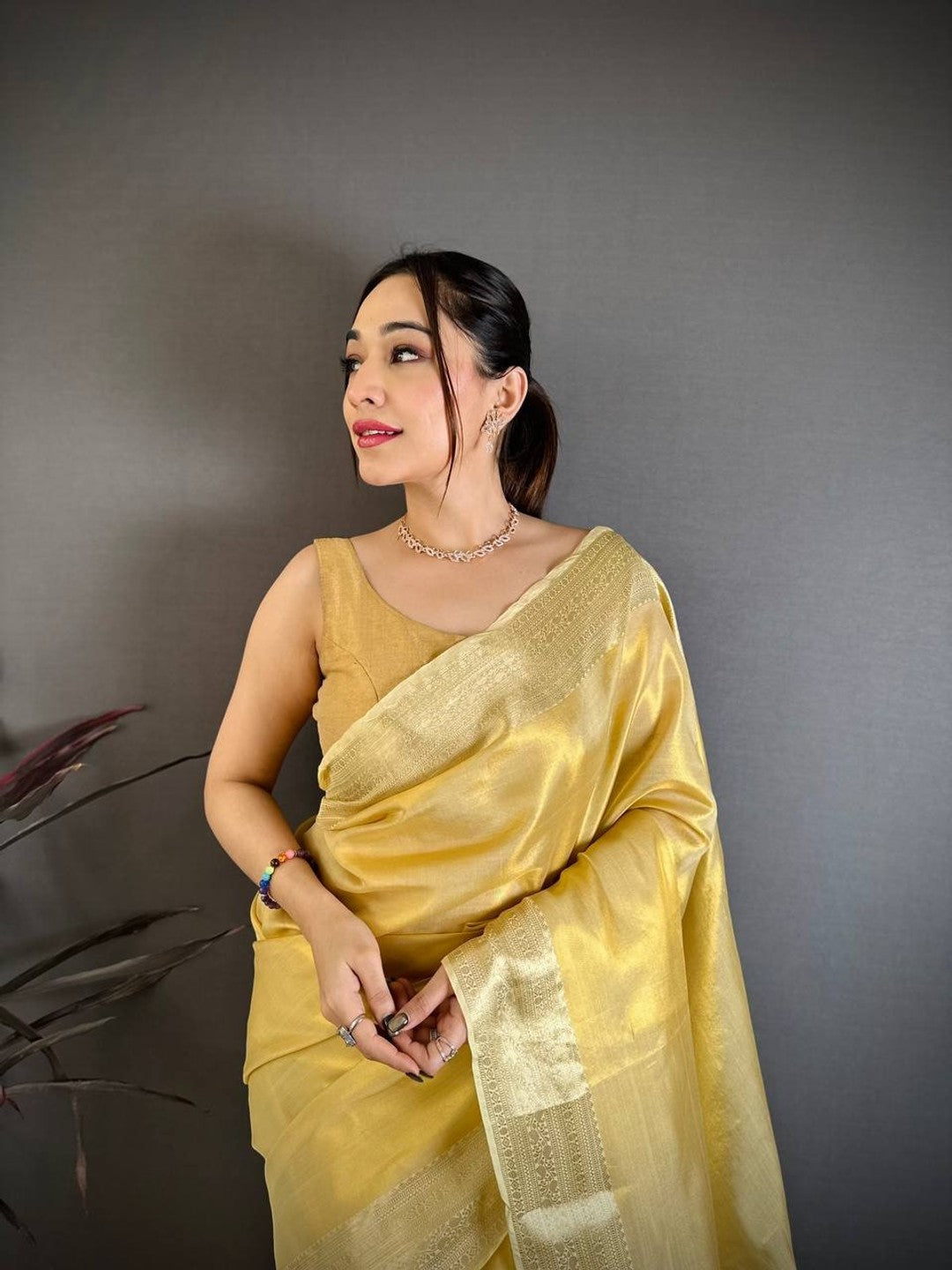 Peachmode Cream Banarasi Tissue Silk Zari Saree - Image 3