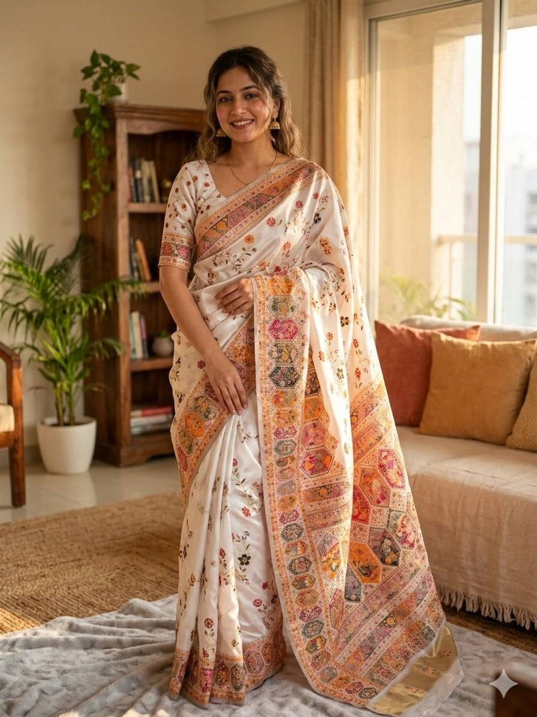 Peachmode Cream Rajwadi Pashmina Silk Woven Saree - Image 1