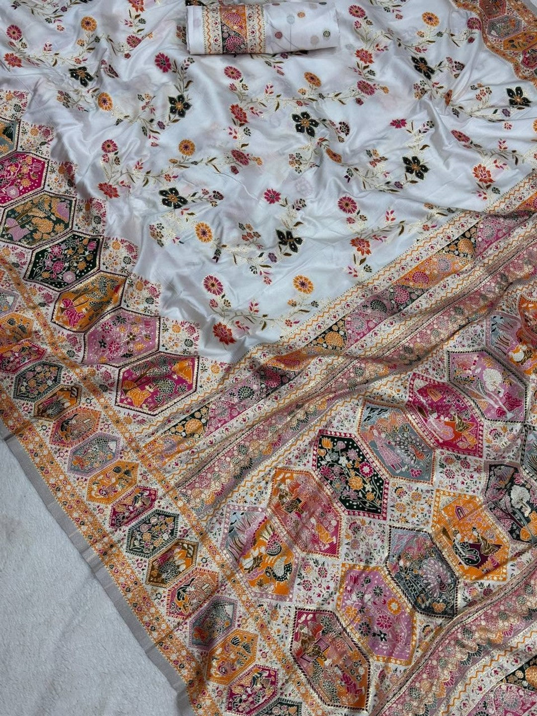 Peachmode Cream Rajwadi Pashmina Silk Woven Saree - Image 3