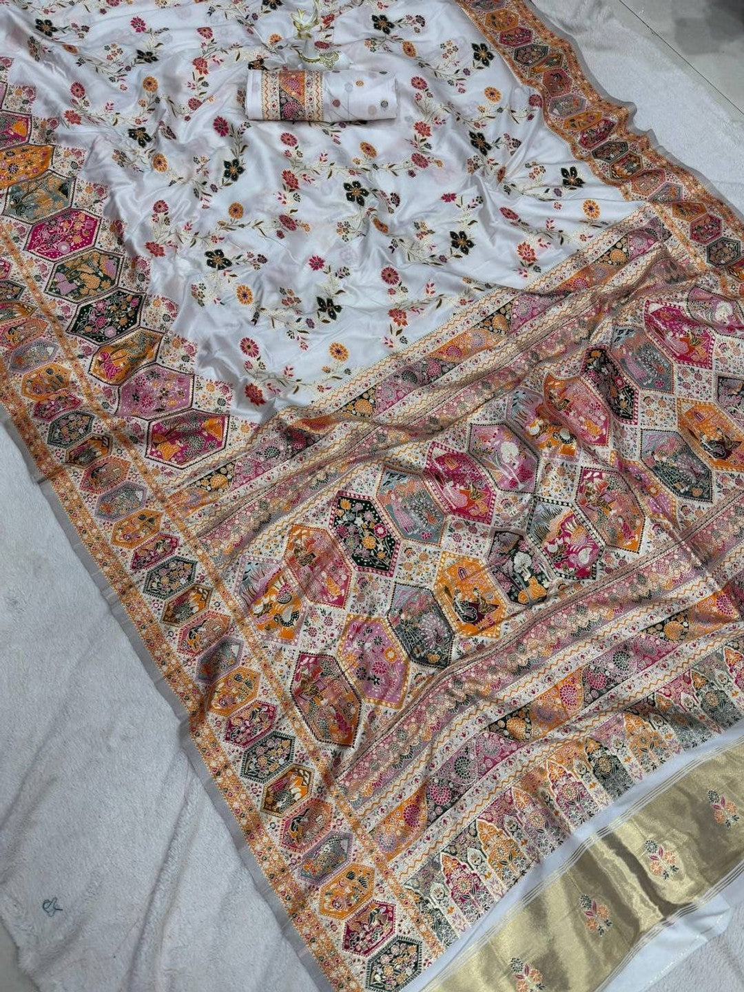 Peachmode Cream Rajwadi Pashmina Silk Woven Saree - Image 4