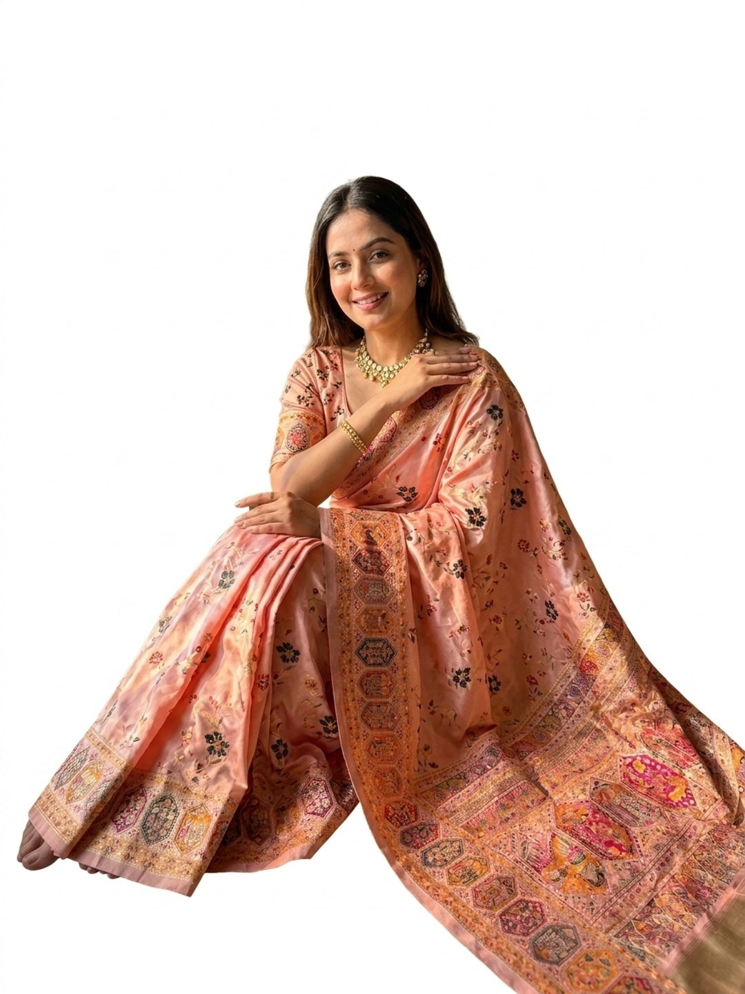 Peachmode Peach Rajwadi Pashmina Silk Woven Saree - Image 6