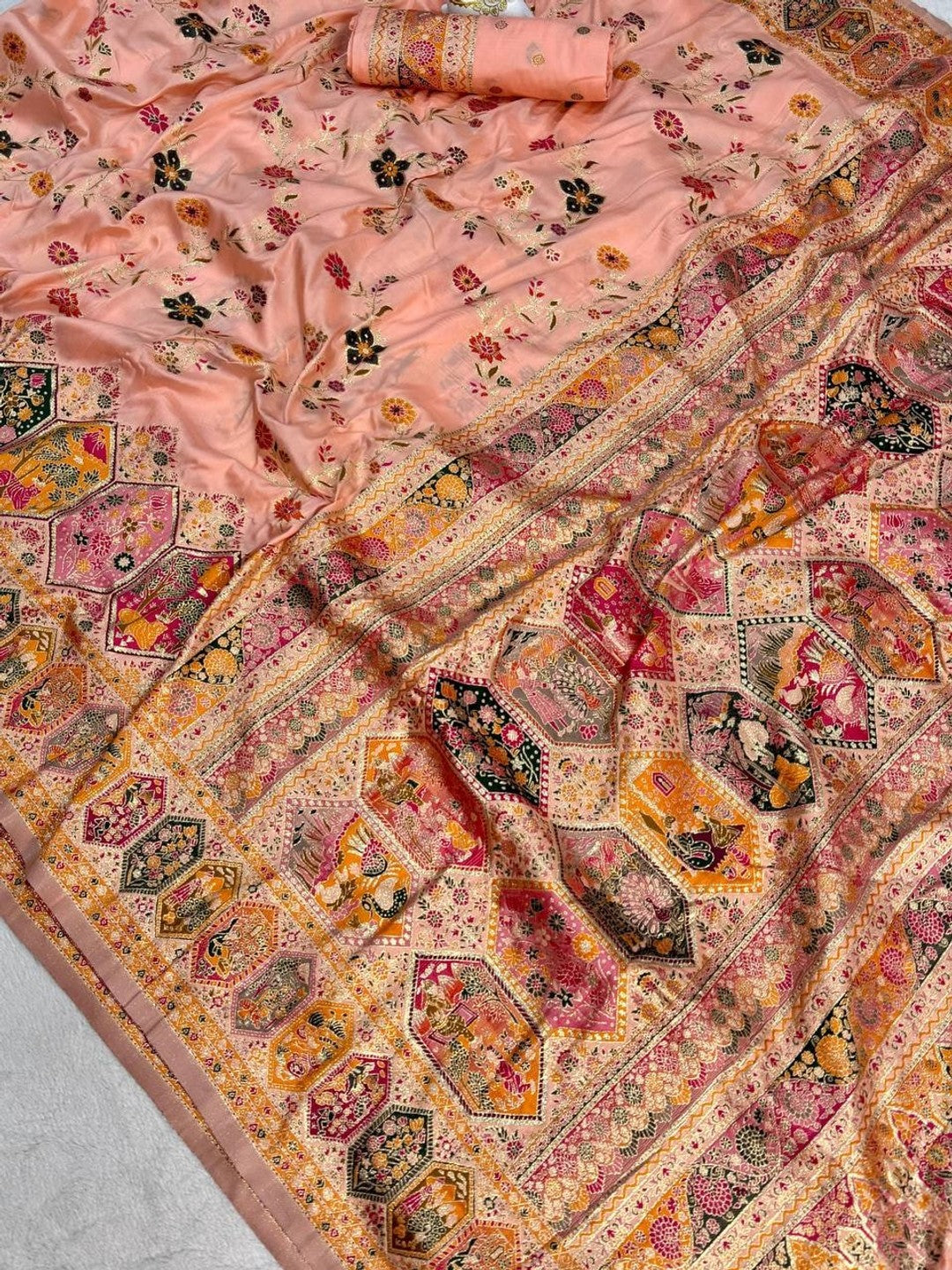 Peachmode Peach Rajwadi Pashmina Silk Woven Saree - Image 3