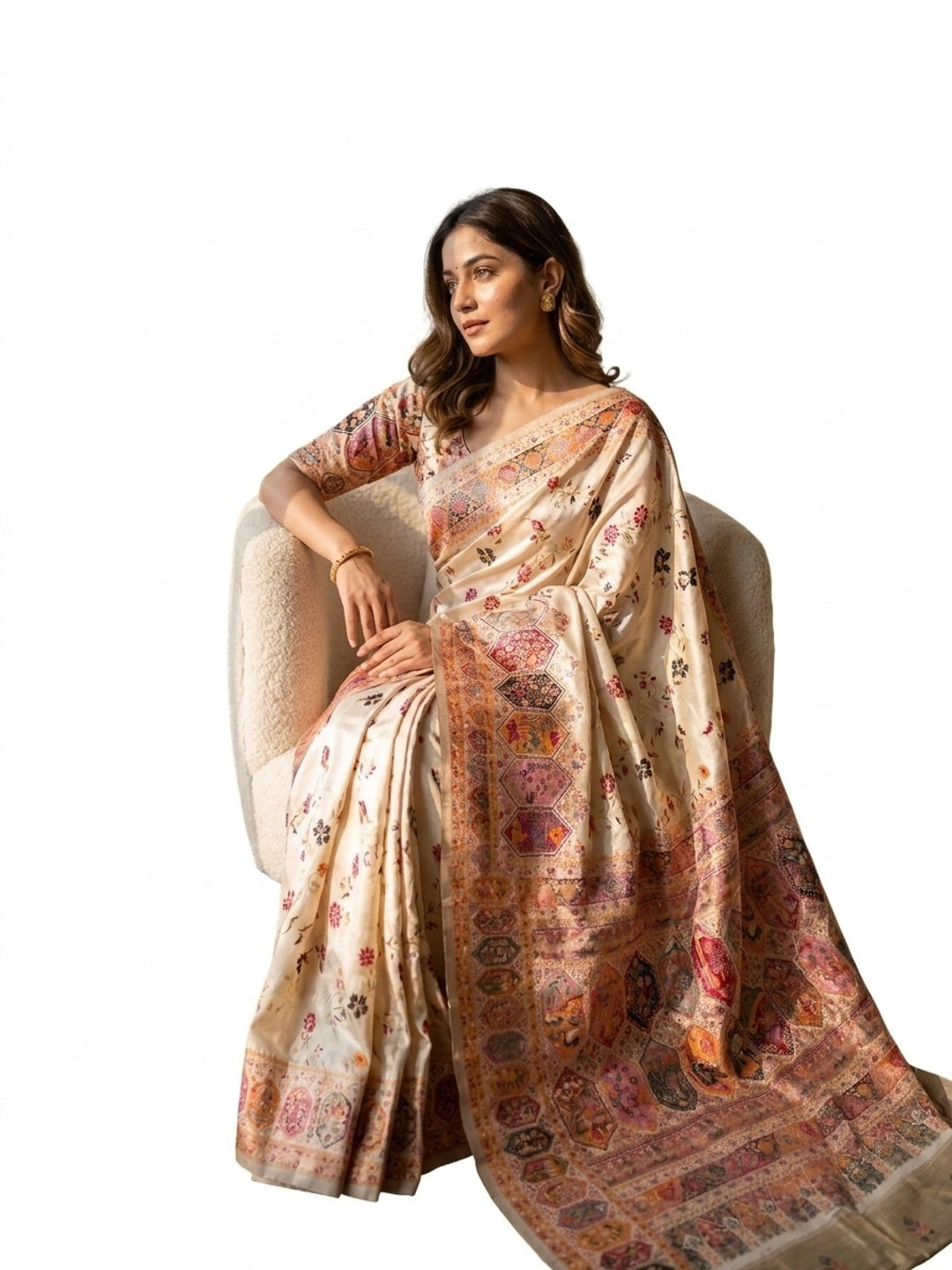 Peachmode Beige Rajwadi Pashmina Silk Woven Saree - Image 7