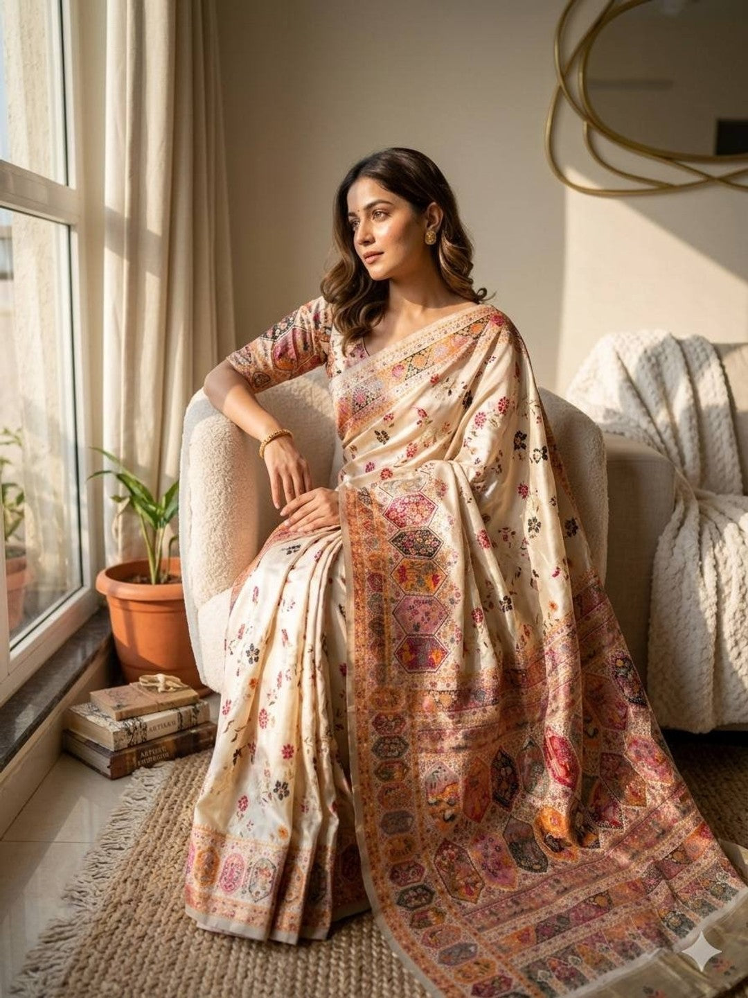 Peachmode Beige Rajwadi Pashmina Silk Woven Saree - Image 1