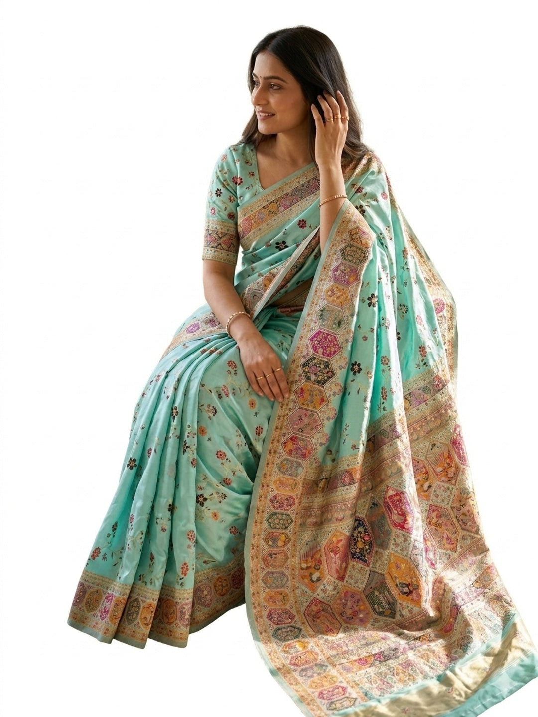 Peachmode Turquoise Rajwadi Pashmina Silk Woven Saree - Image 7