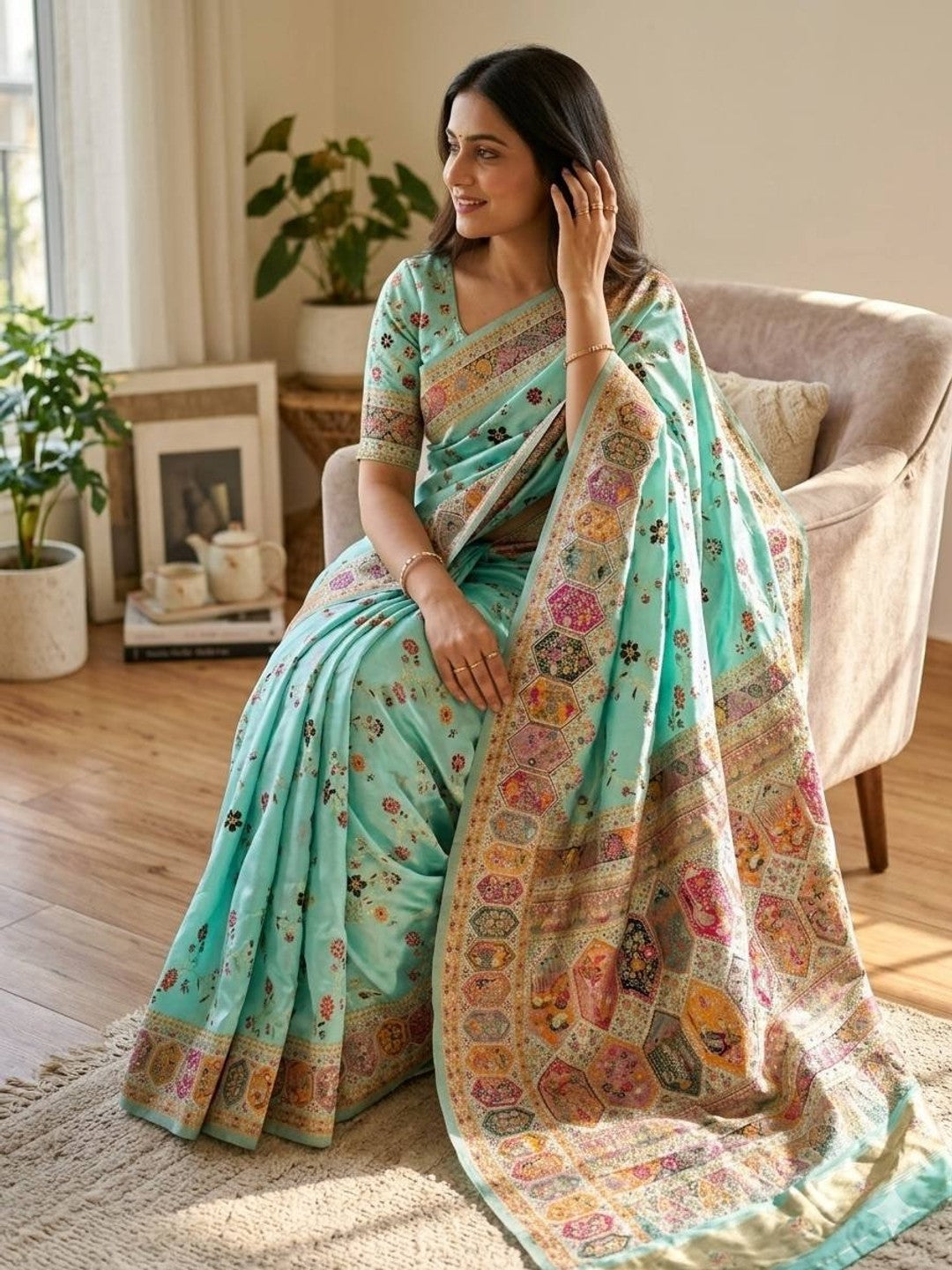 Peachmode Turquoise Rajwadi Pashmina Silk Woven Saree - Image 1