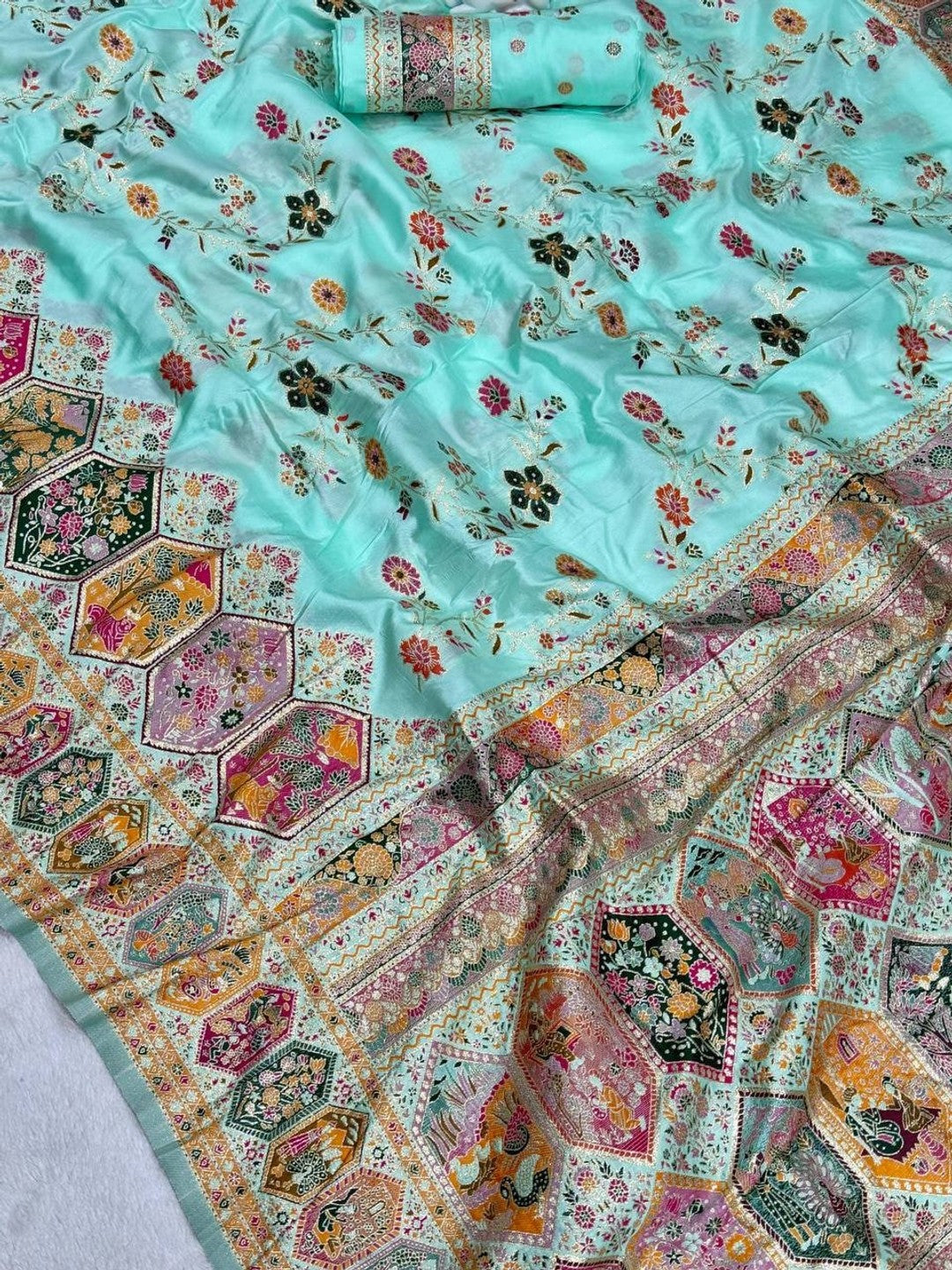 Peachmode Turquoise Rajwadi Pashmina Silk Woven Saree - Image 3