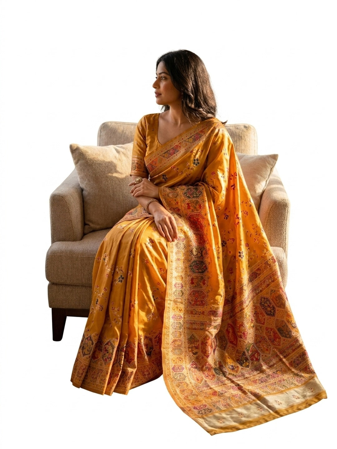 Peachmode Yellow Rajwadi Pashmina Silk Woven Saree - Image 6