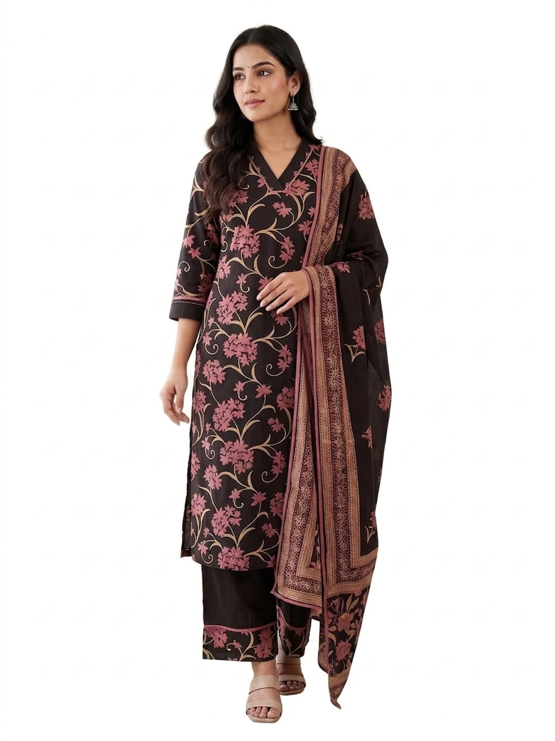 Brown Cotton Floral Printed Salwar Suit Set - Image 4