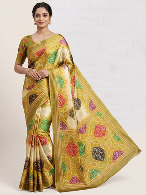 Peachmode Mustard Fendi Printed Satin Saree - Image 1