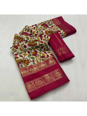 Peachmode Rani Pink Dola Silk Kalamkari Printed Saree - Image 2