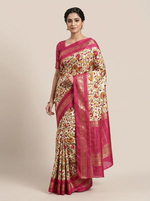 Peachmode Rani Pink Dola Silk Kalamkari Printed Saree - Image 1
