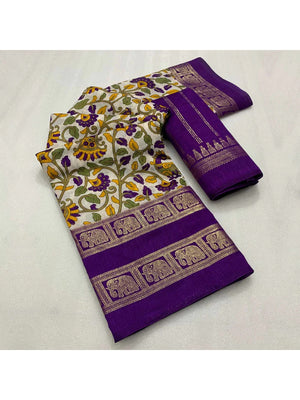 Peachmode Purple Dola Silk Kalamkari Printed Saree - Image 2