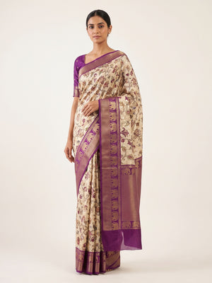 Peachmode Purple Dola Silk Kalamkari Printed Saree - Image 1