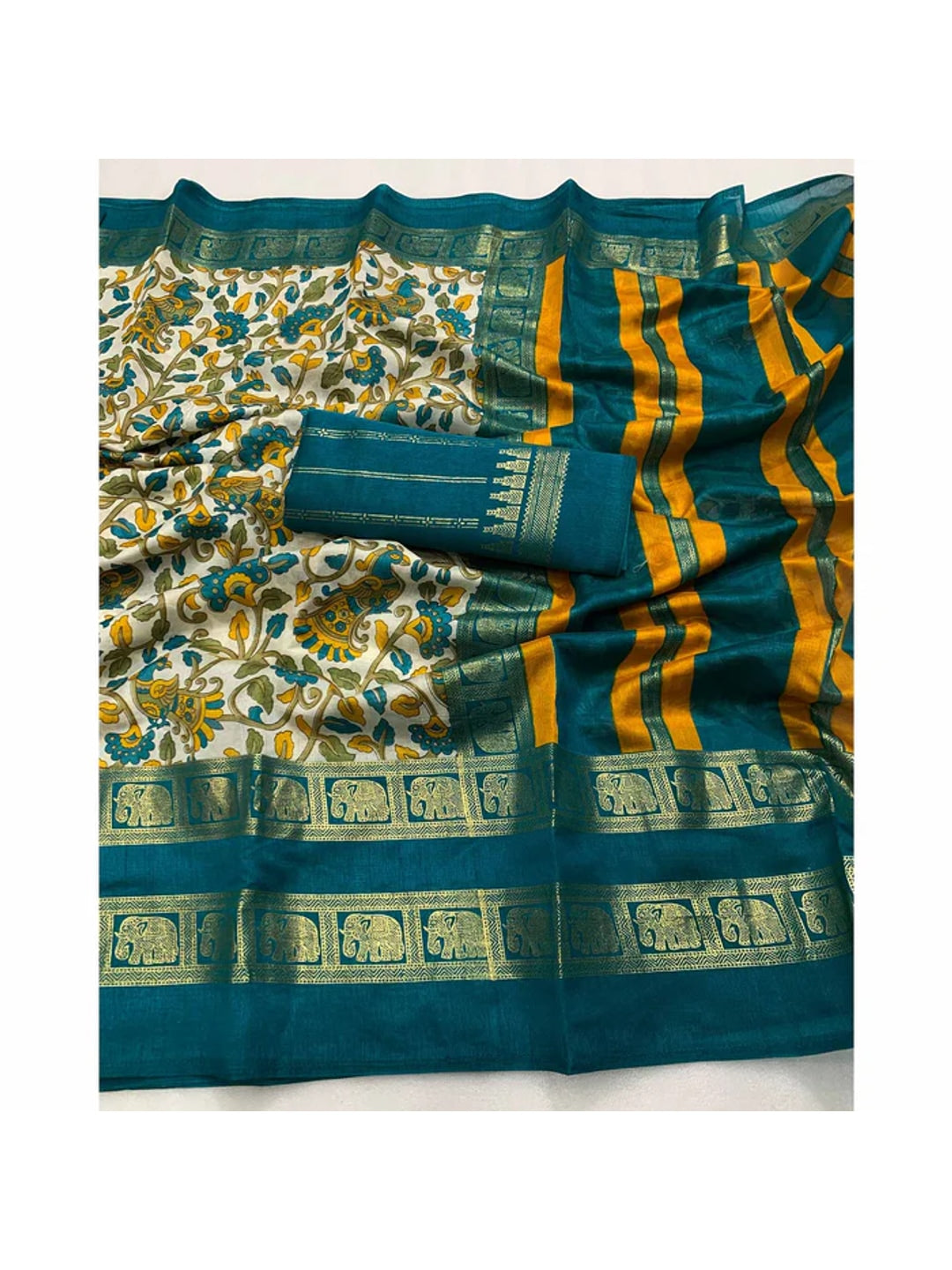 Peachmode Rama Green Dola Silk Kalamkari Printed Saree - Image 3