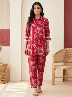 Red Rayon Floral Printed Top Bottom Set - Image 1
