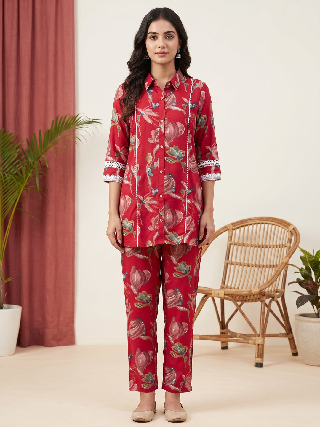 Red Rayon Floral Printed Top Bottom Set - Image 2