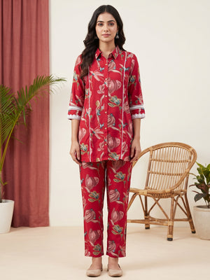 Red Rayon Floral Printed Top Bottom Set - Image 2