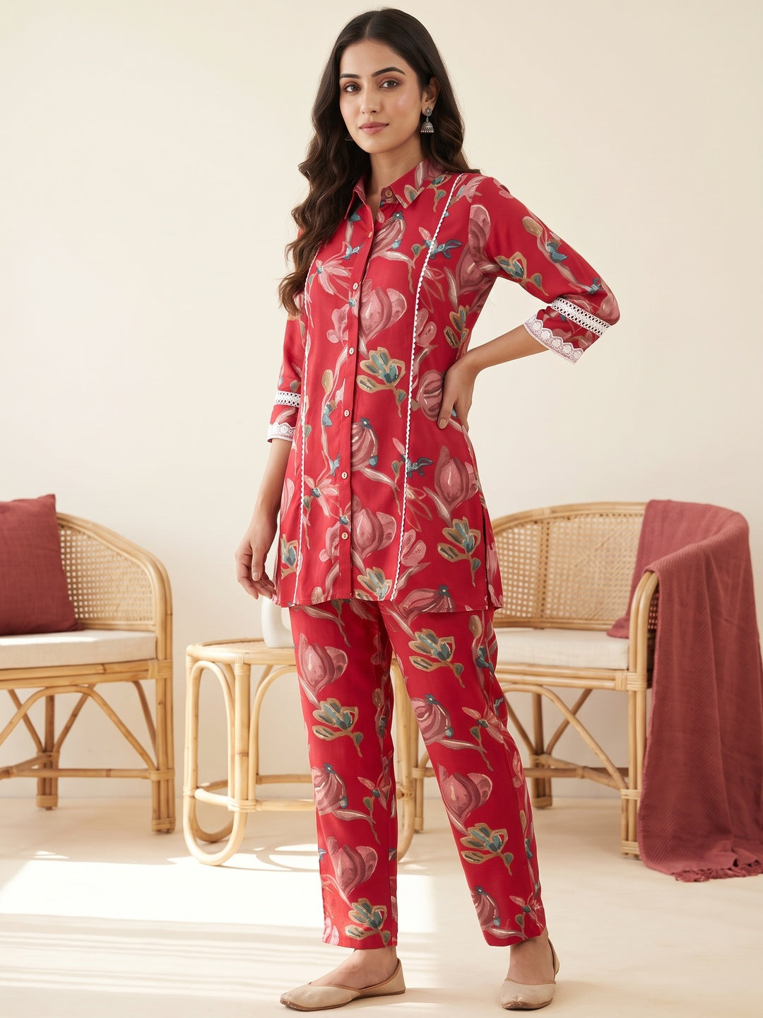 Red Rayon Floral Printed Top Bottom Set - Image 3