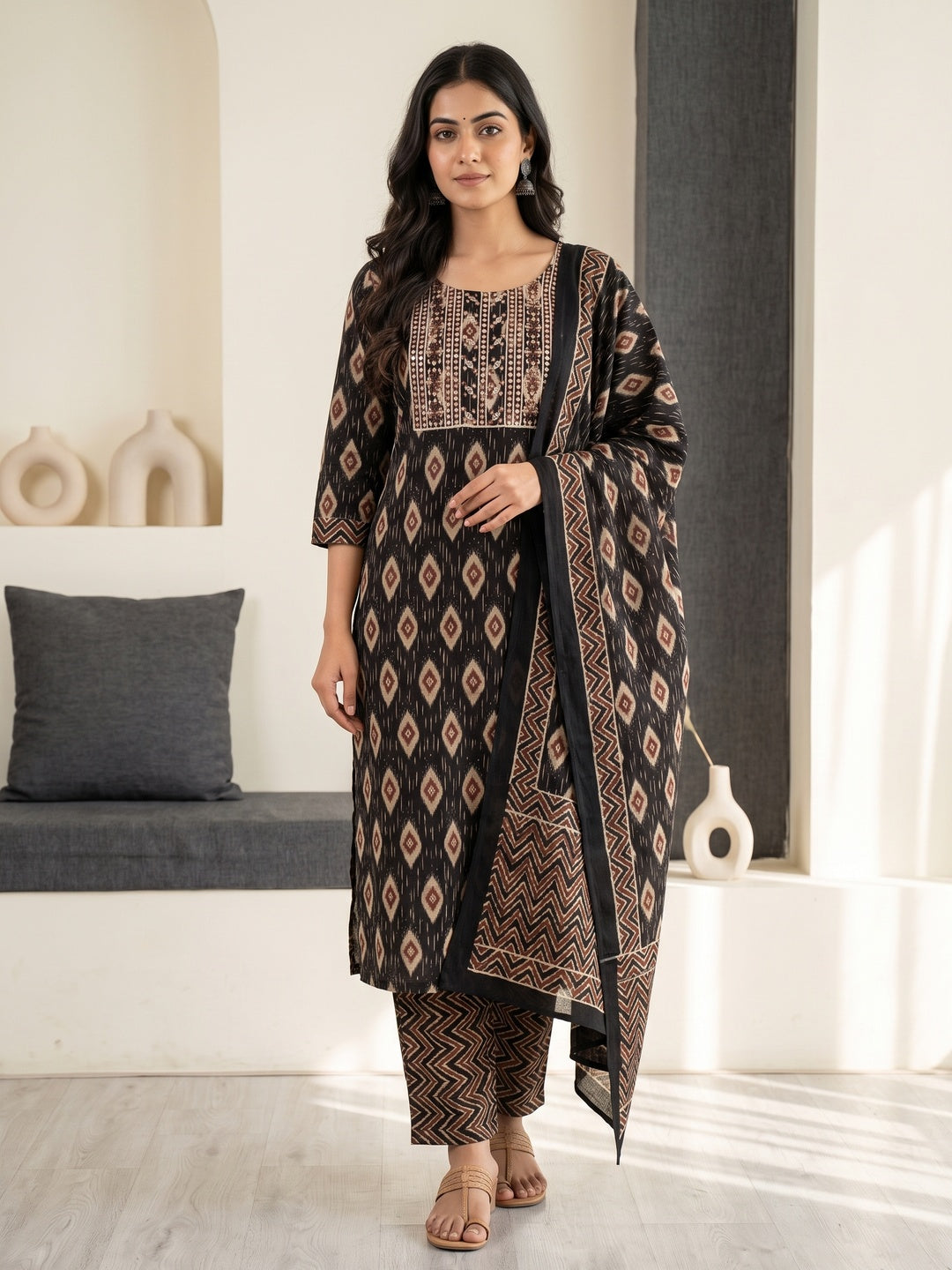 Black Cotton Ikat Printed Salwar Suit Set - Image 1