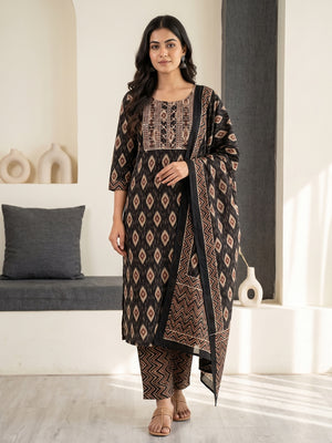 Black Cotton Ikat Printed Salwar Suit Set - Image 1