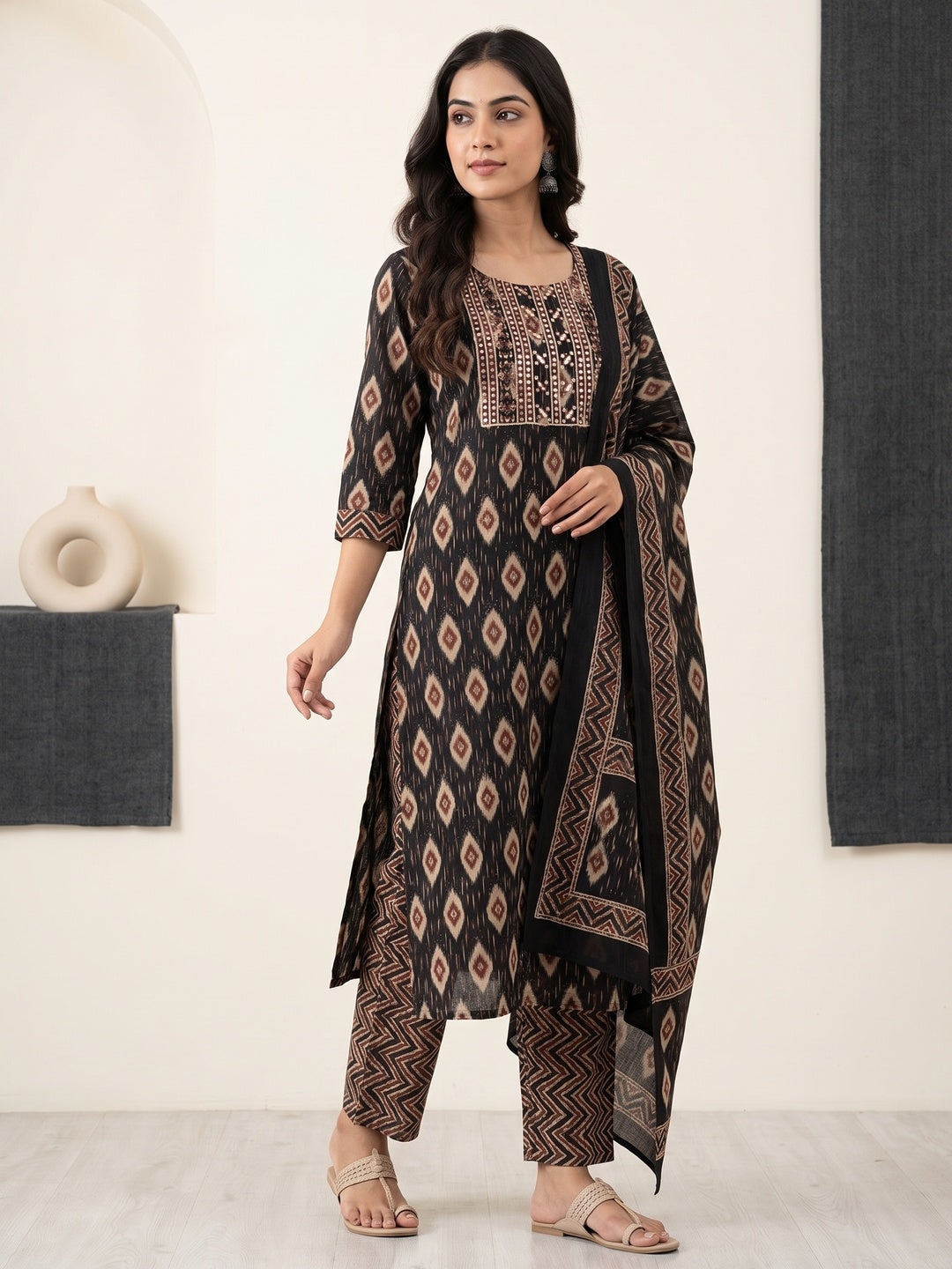 Black Cotton Ikat Printed Salwar Suit Set - Image 3