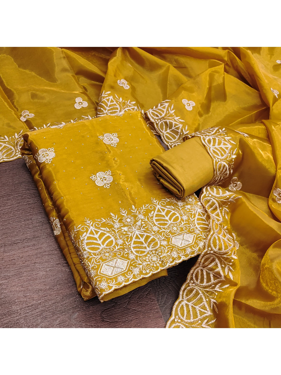 Peachmode Yellow Silk Blend Dress Material with Ethnic Motifs - Image 5