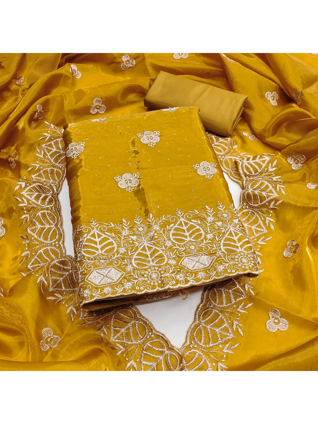 Peachmode Yellow Silk Blend Dress Material with Ethnic Motifs - Image 5
