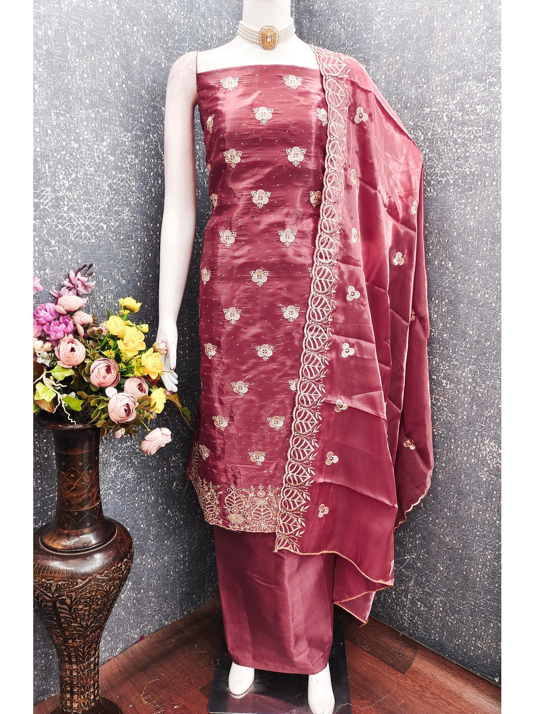 Peachmode Mauve Silk Blend Dress Material with Ethnic Motifs - Image 4