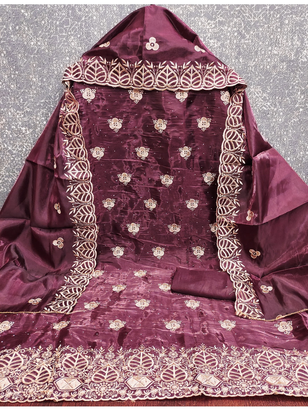 Peachmode Wine Silk Blend Dress Material with Ethnic Motifs - Image 3